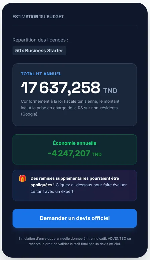 Récapitulatif avec le total financier calculé et l'économie affichée en vert (mai 2026). Bloc récapitulatif avec le total financier calculé et l'économie affichée en vert.